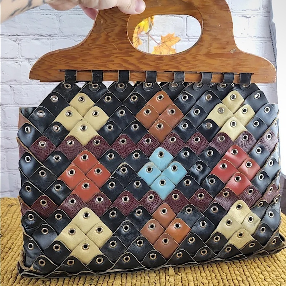 HANDCRAFTED UNIQUE Leather Vintage Tiled Handbag, multi-colour